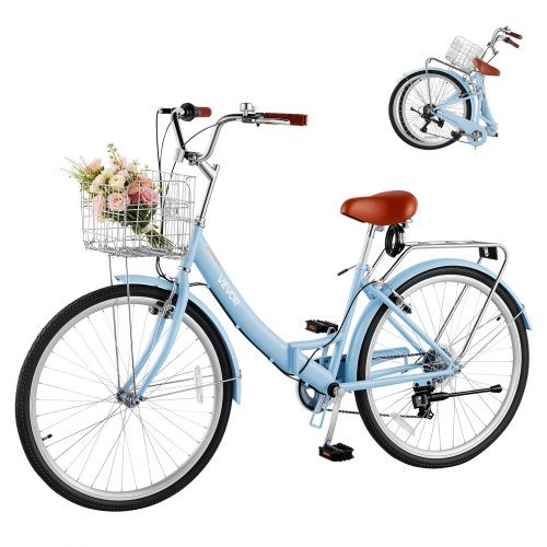Women Bike, 66cm Folding Beach Cruiser Bike, 7-Speed Adult City Bicycle with Steel Frame, 150kg Capacity, Basket, Rear Rack & Dual V-Brakes, Light Blue