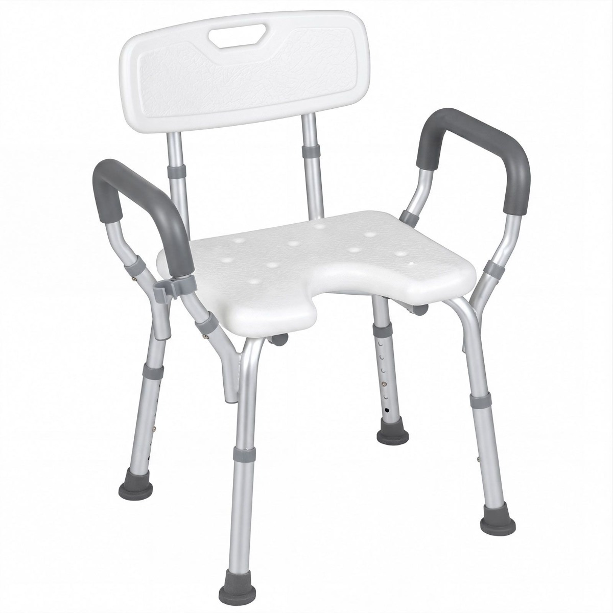 Alumiiniumist dušitool, 6-suunas kõrguse reguleerimisega käetugede ja seljatoega, hõbedane