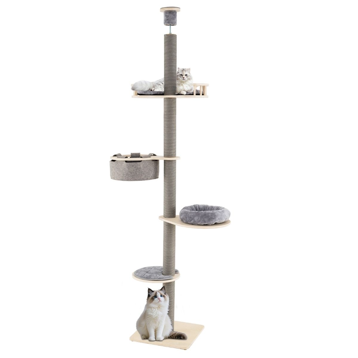 Põrandast laeni kraapimispuu mille kõrgus on reguleeritav 236-271 cm 5-astmeline kasside kraapimispuu platvormiga hall