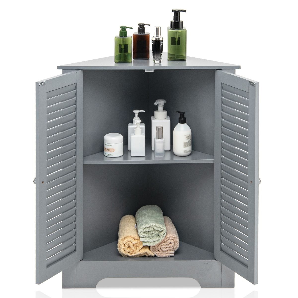 Nurgakapp ribidega ukse ja kõrguses reguleeritava riiuliga, ruumisäästlik vannitoakapp, hall