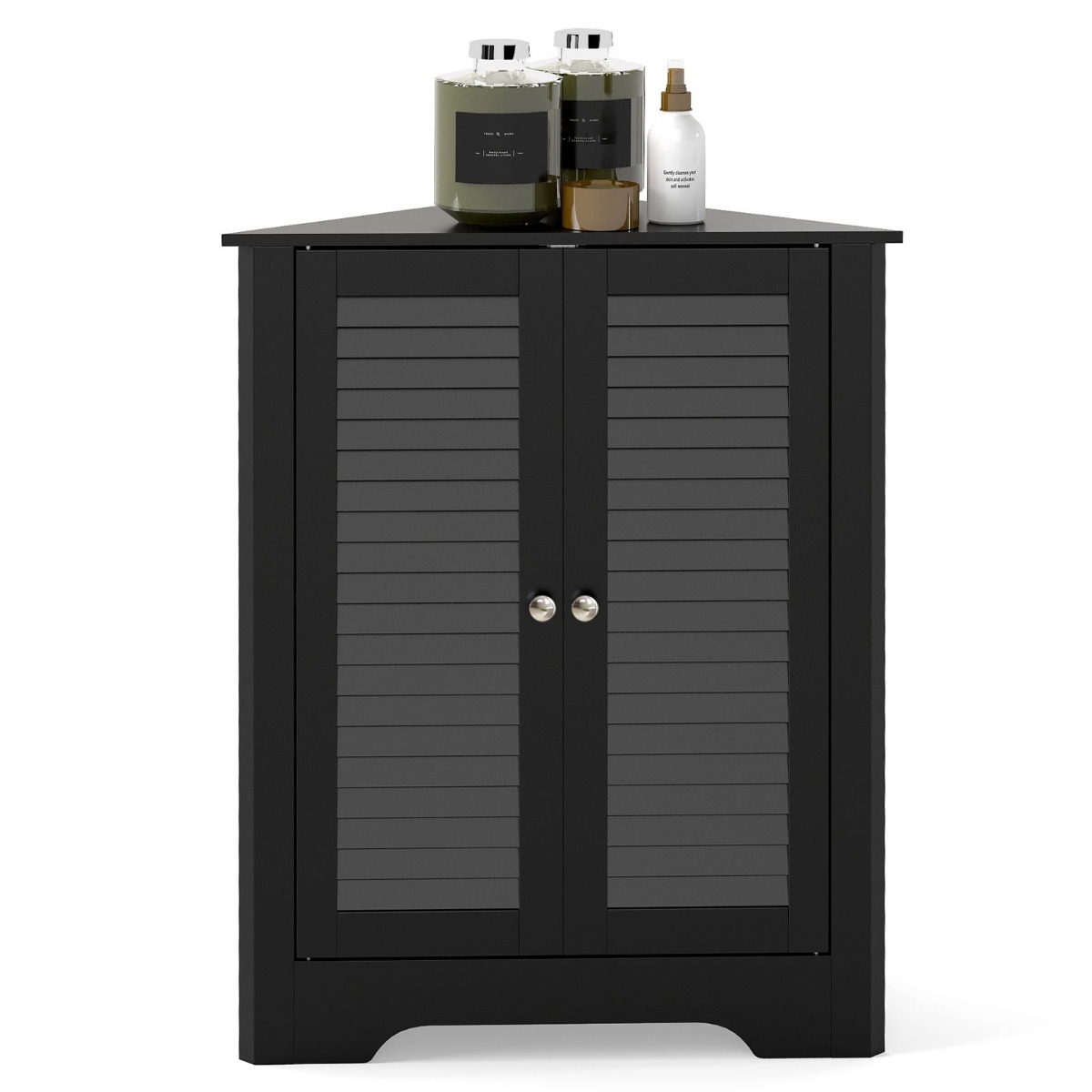 Nurgakapp ribidega ukse ja kõrguses reguleeritava riiuliga, ruumisäästlik vannitoakapp, must