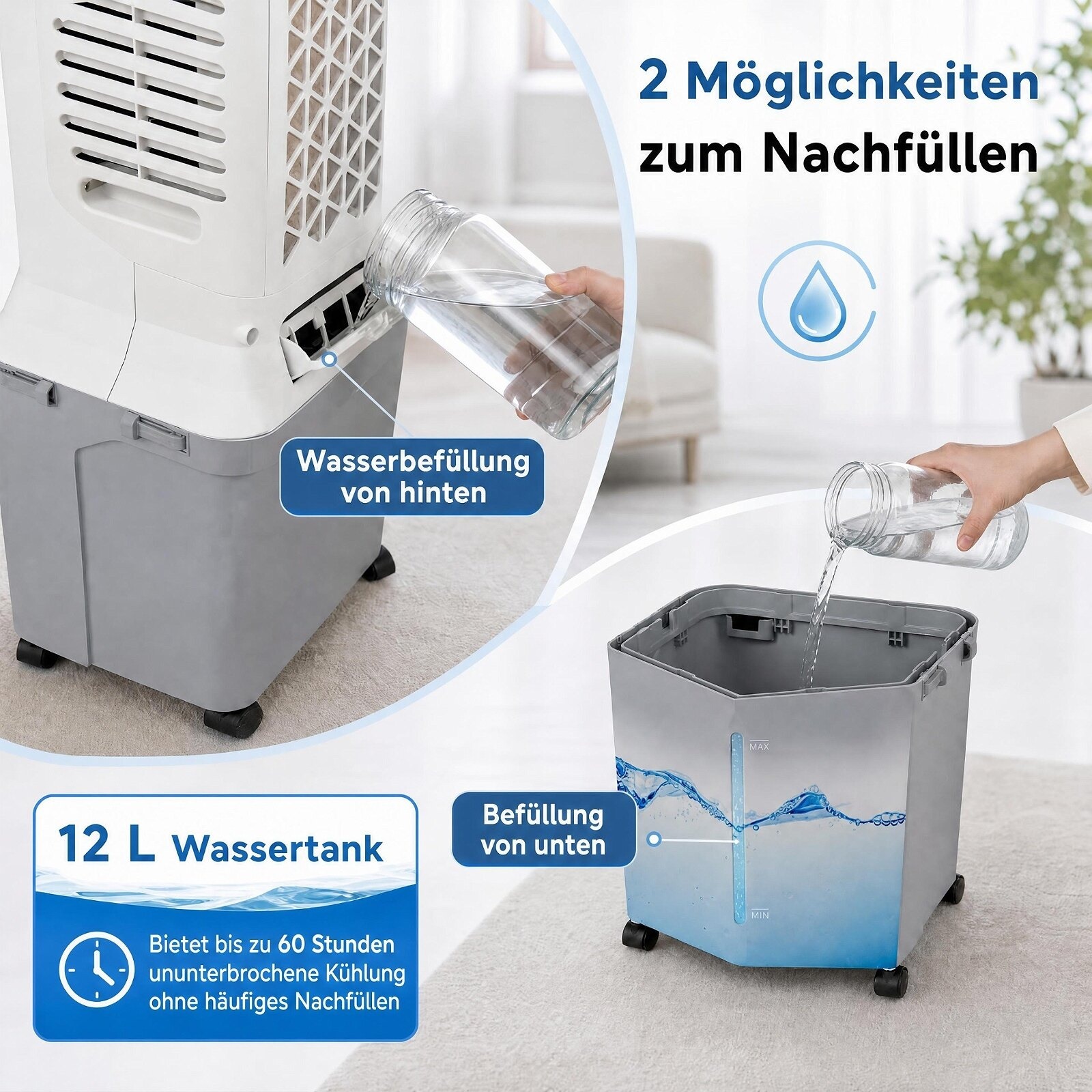 3-ühes tornventilaator koos ventilaatori, niisutaja ja aurustava jahutiga, millel on 2 jahutuspakendit