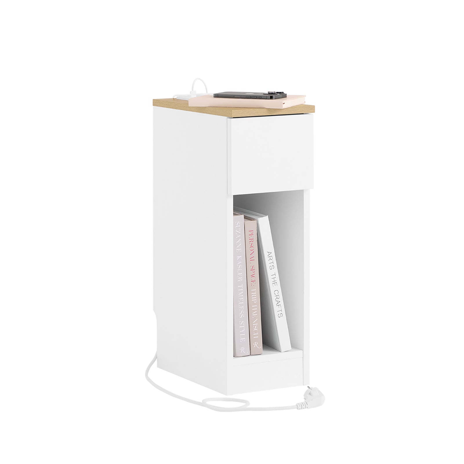 Kitsas öökapp laadimisjaama, USB, Type-C ja pistikupesaga, valge, 20 x 35 x 60 cm