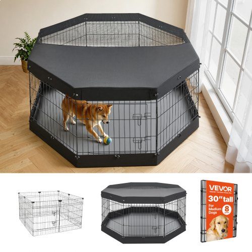 Koerte mänguaedik 76 cm 8 paneeliga treeningaedik ülemise katte ja alumise padjaga, must
