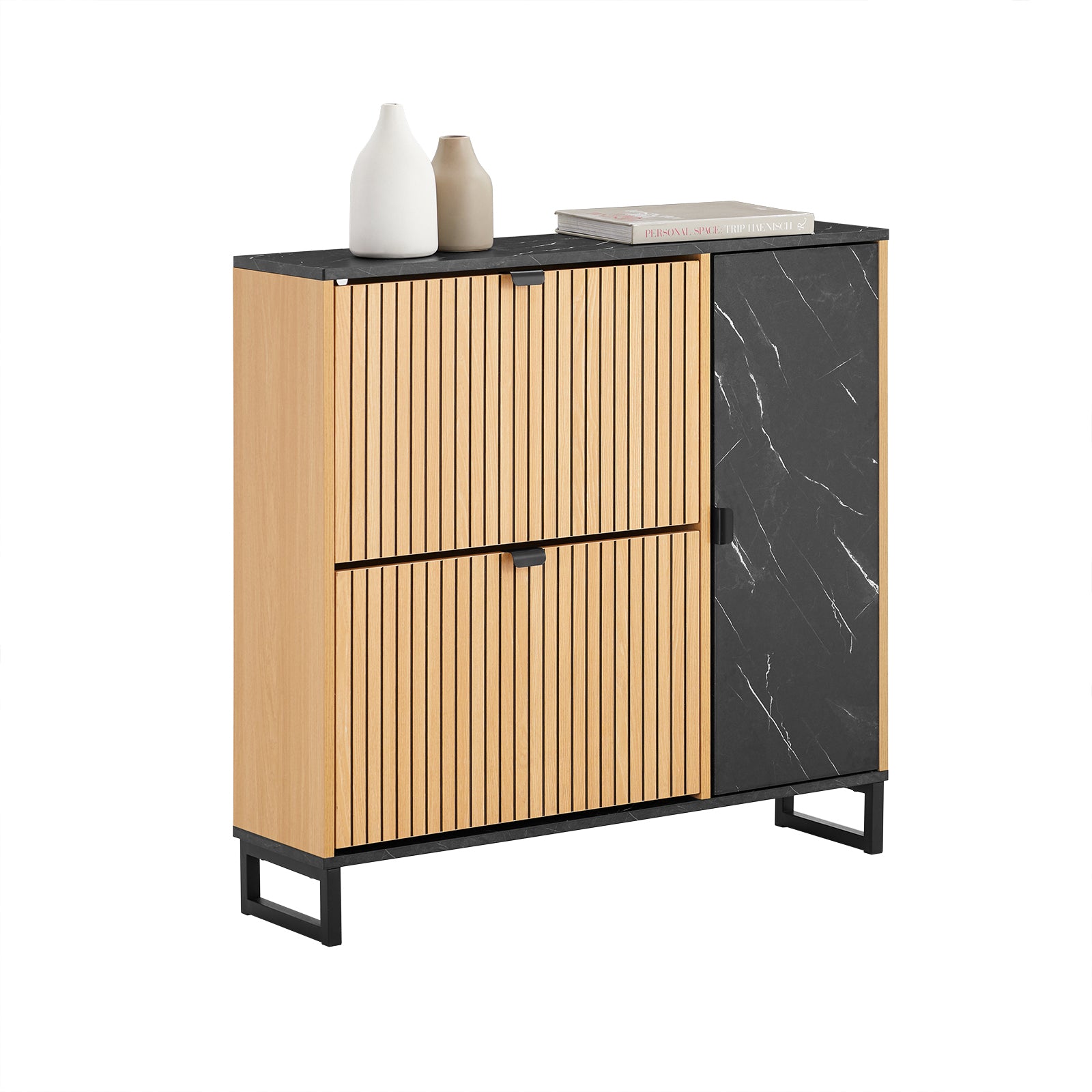 Kitsas jalanõudekapp 2 alla avaneva ukse ja küljeriiuliga, must ja hele puidutoon, 90 x 24 x 88 cm
