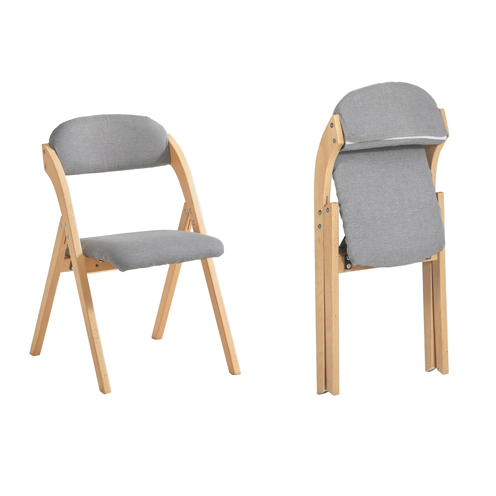 2 kokkupandavat polsterdatud ergonoomilist puidust tooli, helehall