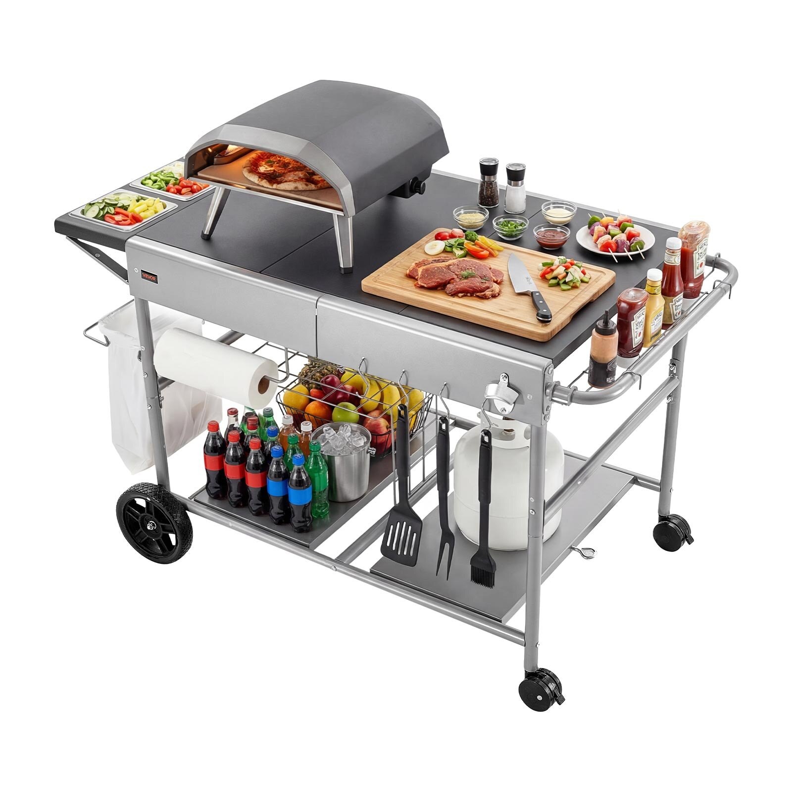 Välistingimustes kasutatav grillkäru, grilllaud, teisaldatav välistingimustes kasutatav toiduvalmistamislaud 4 vürtsimahutiga, rataste, kaante, konksudega, grilli ettevalmistuslauad piknikule, kööki, sisehoovi