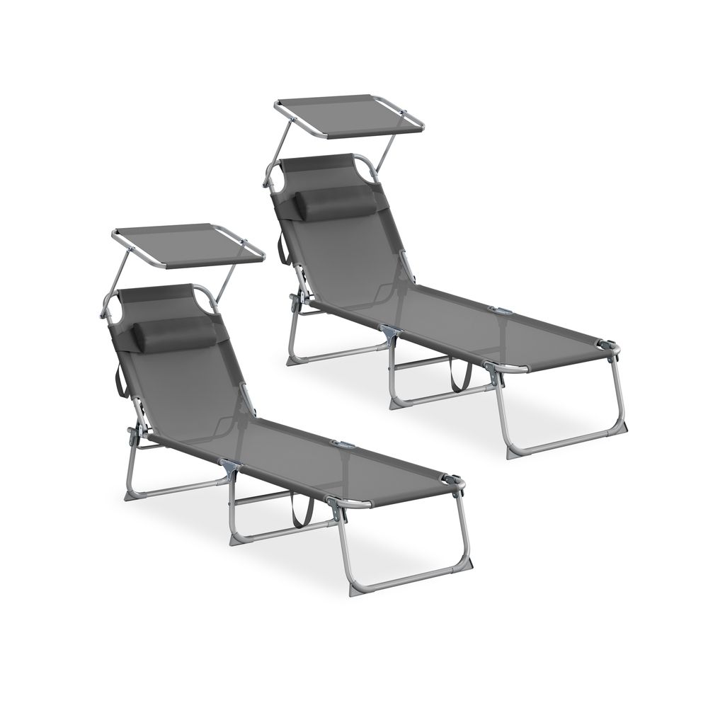 Kokkupandav päevitustoolide komplekt (2 tk) – reguleeritava varju ja peatoega aiatoolid, hall