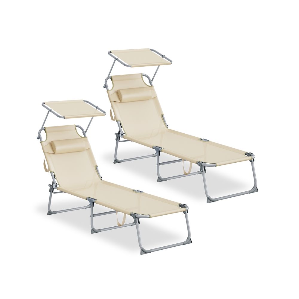 Kokkupandav päevitustoolide komplekt (2 tk) – reguleeritava varju ja peatoega lamamistoolid, beez