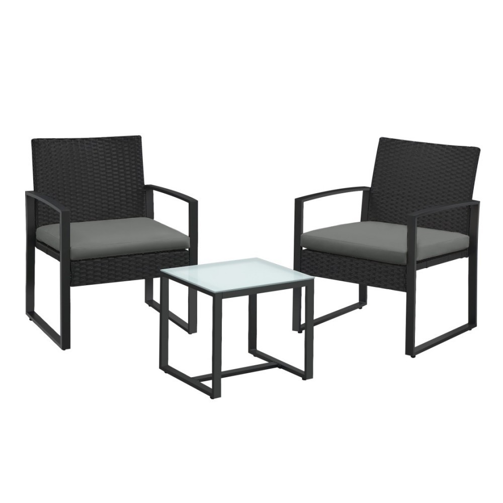 Aiamööbli komplekt, 3-osaline, laua ja toolidega, hall-must