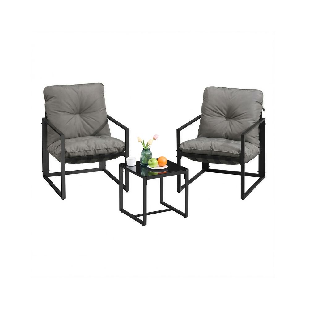 Aiamööblikomplekt, 3-osaline rõdumööbel, 2 tooli, 1 laud ja 1 pink, terrassimööbel, terasraamiga polsterdatud padjad aiale, terrassile ja rõdule, hall