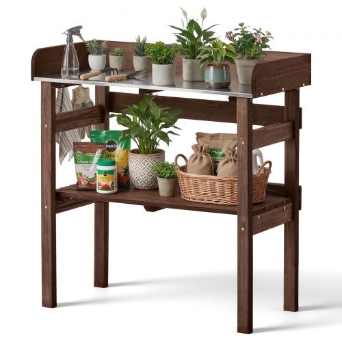 Puidust aiatöölaud istutamiseks, 78 × 38 × 82 cm, riiulid ja konksud, õue, terrassile ja rõdule, pruun