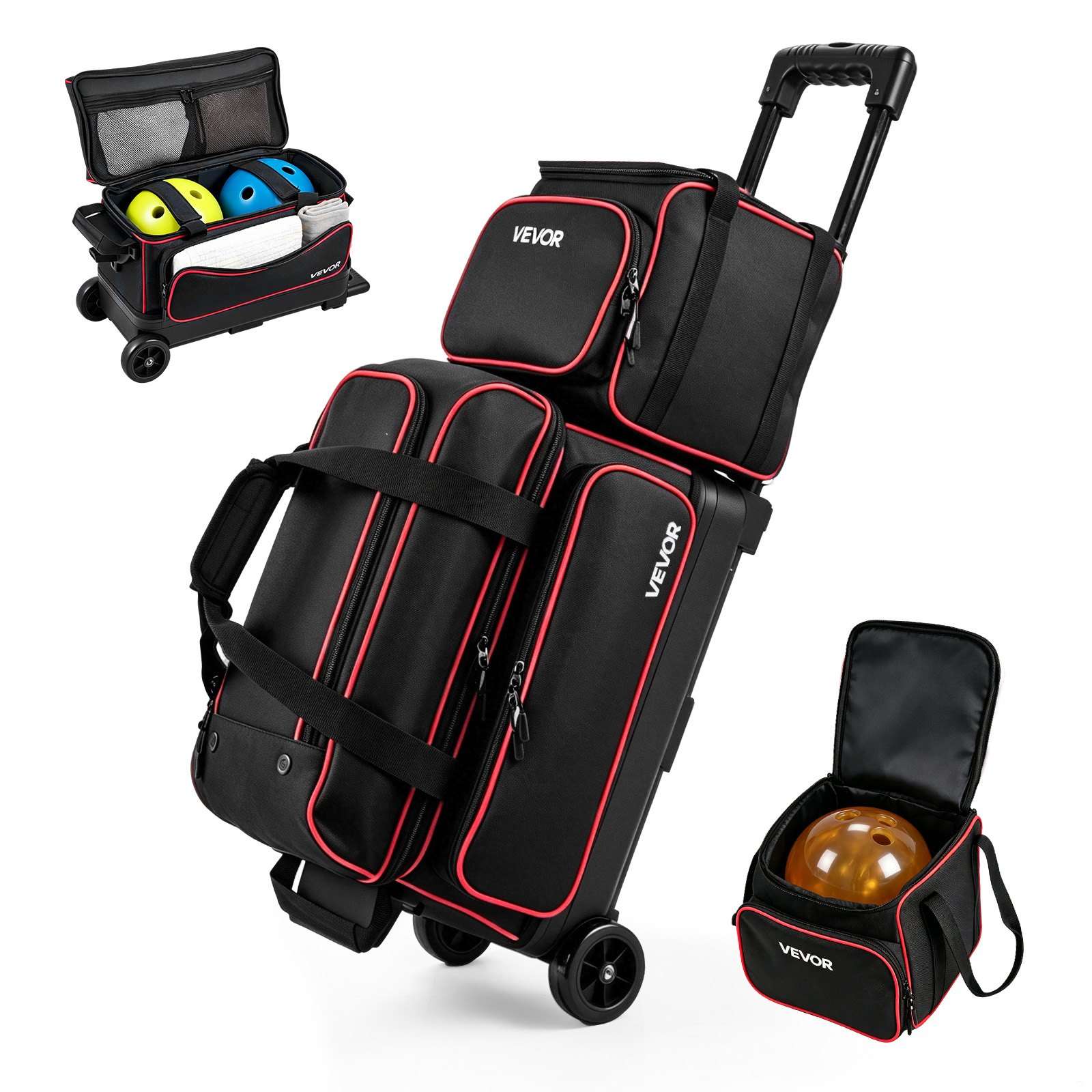3 Ball Bowling Bag Double Roller Bag with Separate Shoe Compartment, for Bowling Shoes (Up To US Men Size 16), Rolling Ball Bag w/ Wheel, Accessory Pocket, Retractable Handle Extends to 40 in