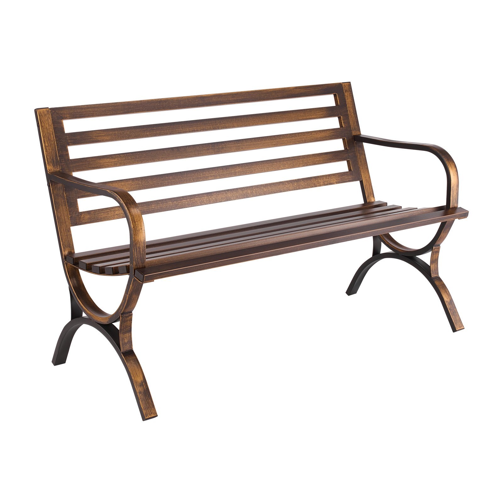 Aiapink, 127 cm, süsinikterasest metallraam liistudega mustriga seljatoe ja ümarate servadega käetugedega, ilmastikukindel aiapink terrassile, aeda, parki, õue, verandale, antiikpronks