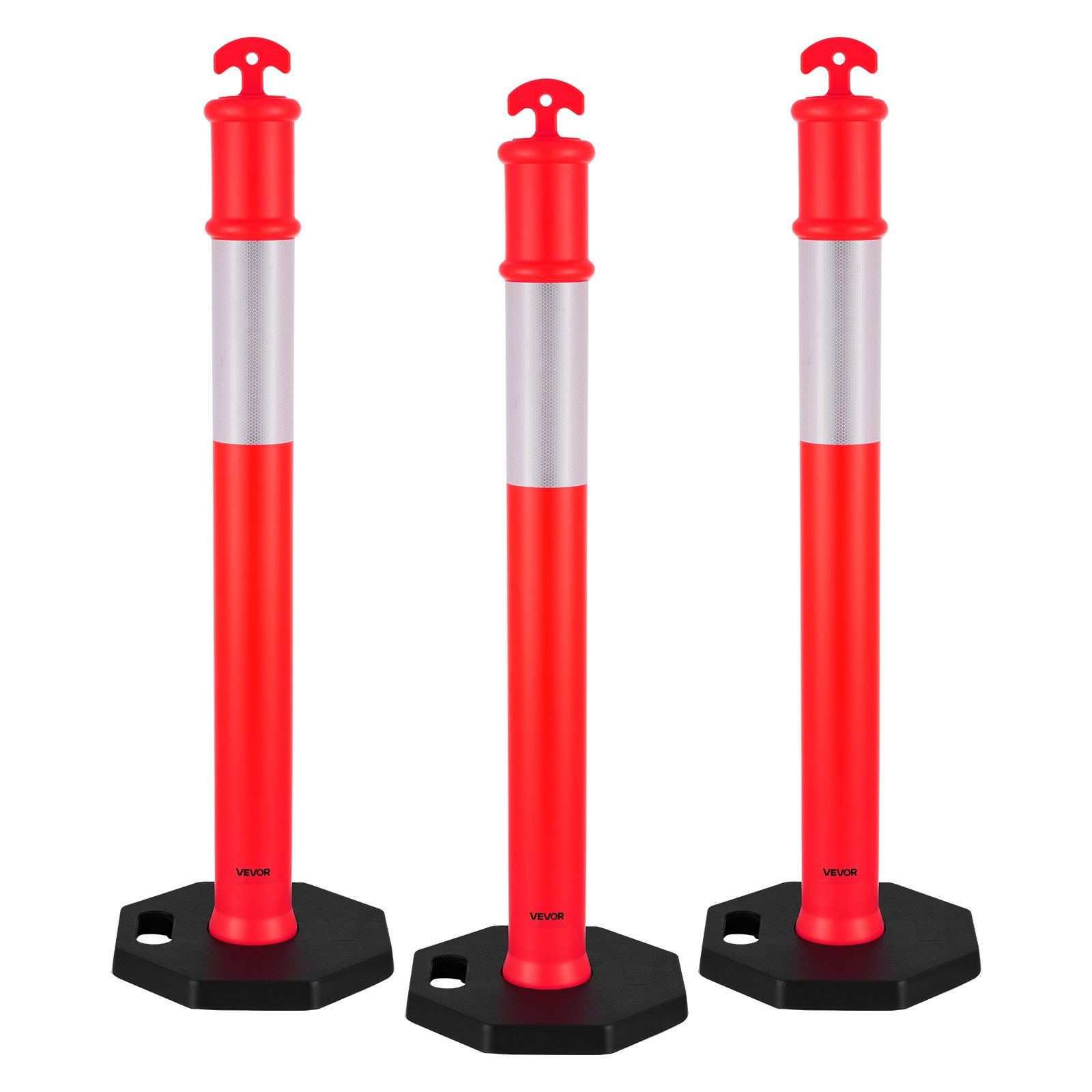 3 Pack Traffic Delineator Posts, 1140 mm Traffic Safety Cones with Weighted Base and Reflective Strips, Heavy Duty Delineator Posts for Construction Site, Parking Lot, Crowd Control, Red