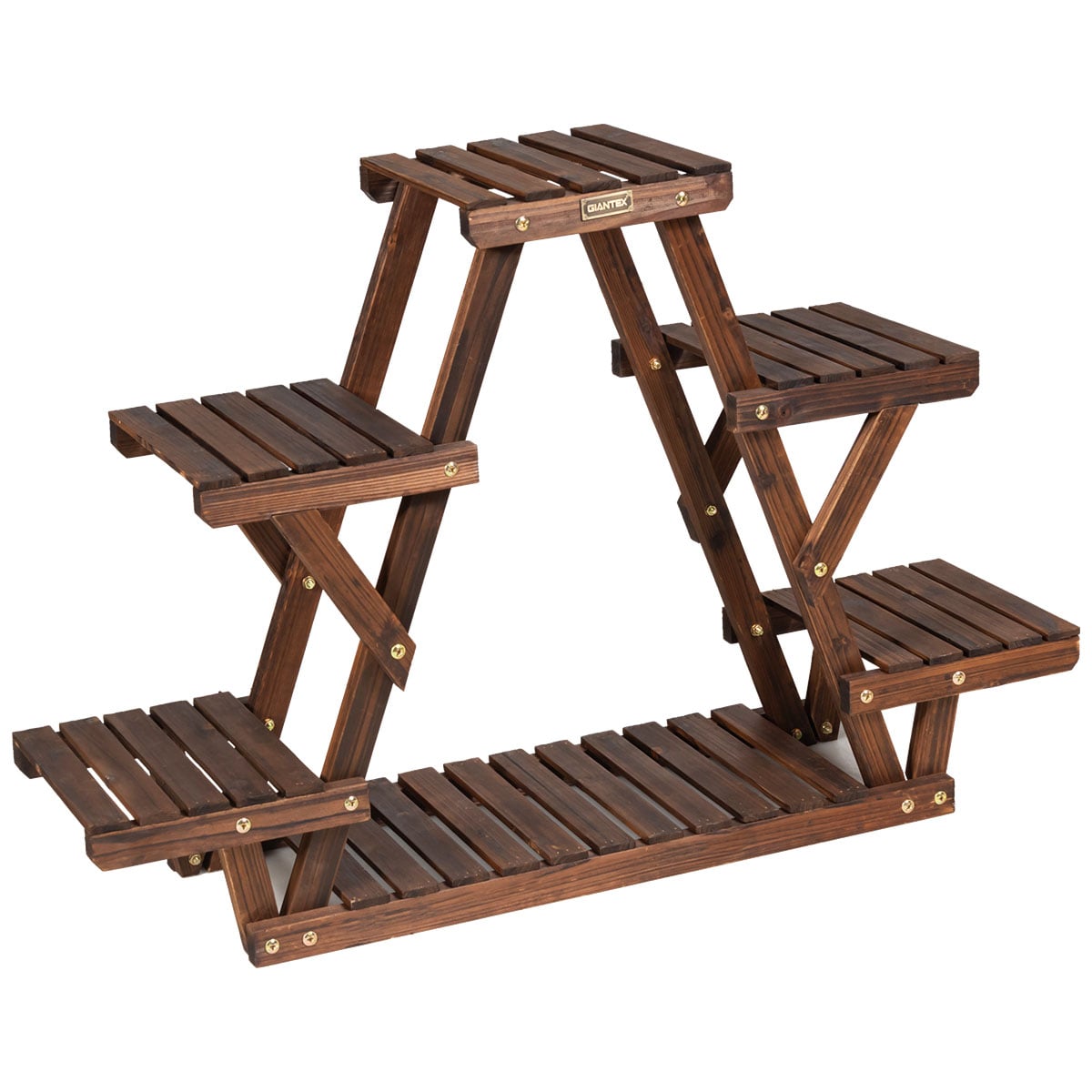 Kolmnurkne puidust lilleriiul 6 potile ja taimestend (99x25x64,5 cm), pruun
