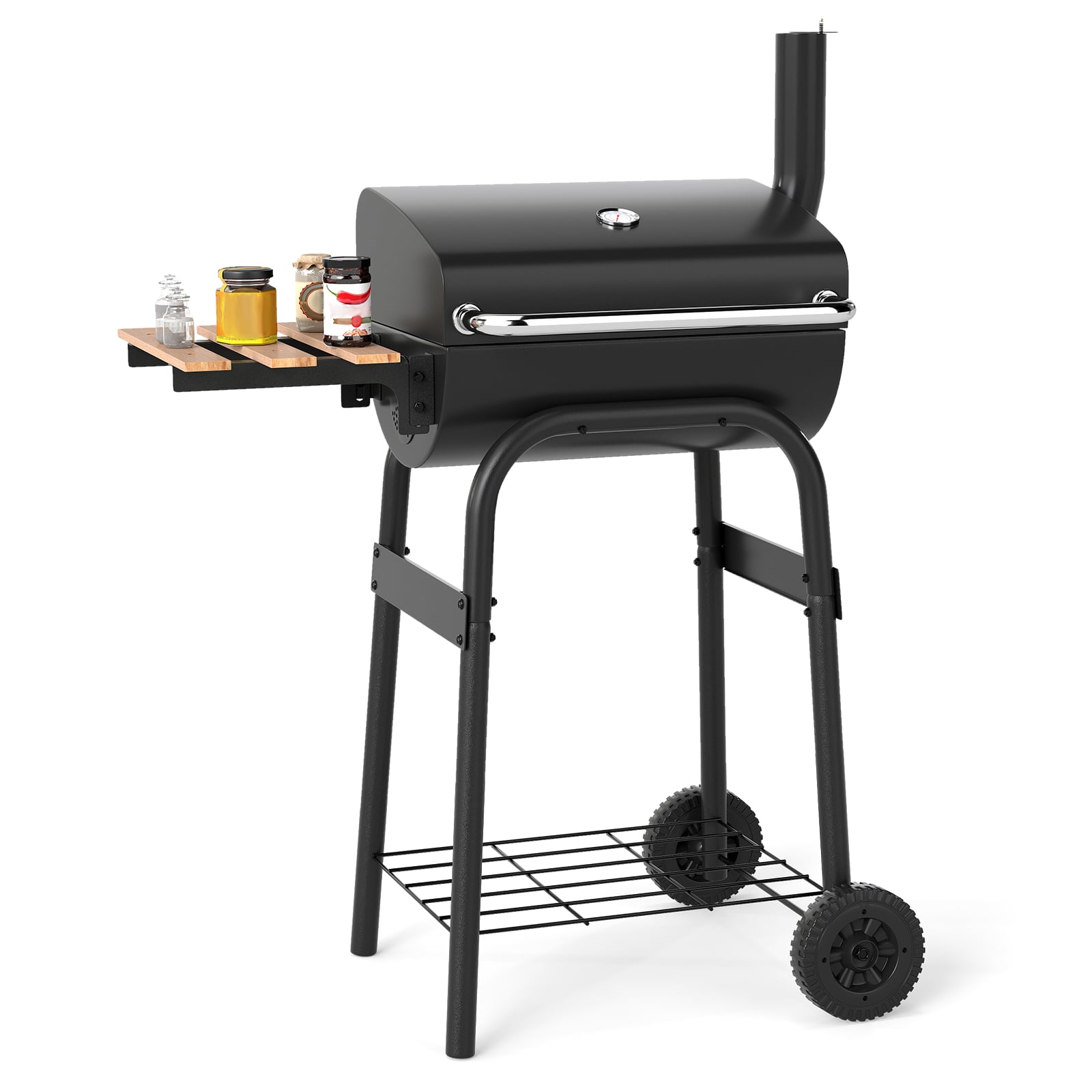 Kokkupandava külgriiuli, rataste ja integreeritud termomeetriga puidusöegrill, universaalne BBQ-grillkäru õue, must