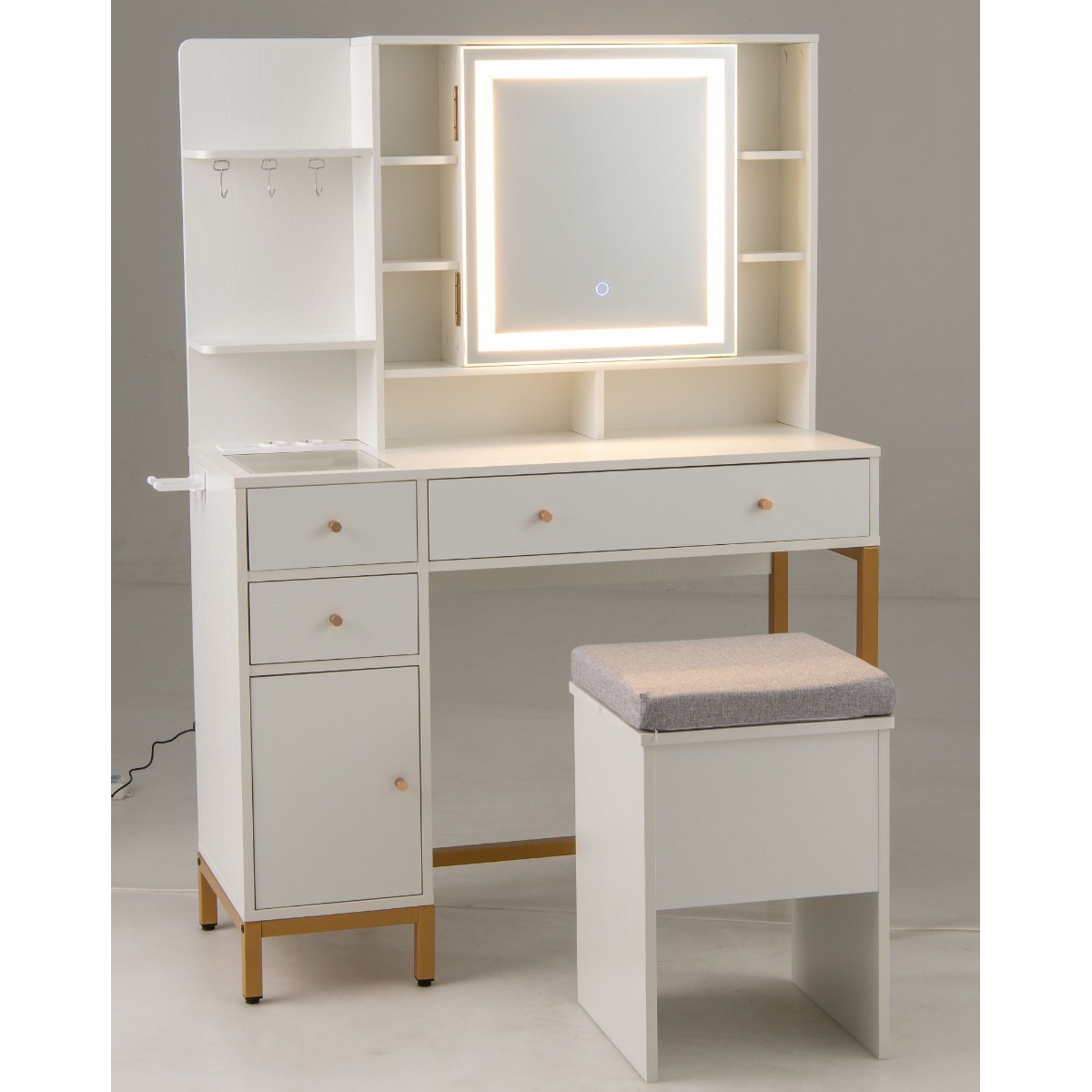 Meigilaud valgustatud peegliga tualettlaud ja tabureti komplekt 3-värvilised led-tuled peeglikapp valge