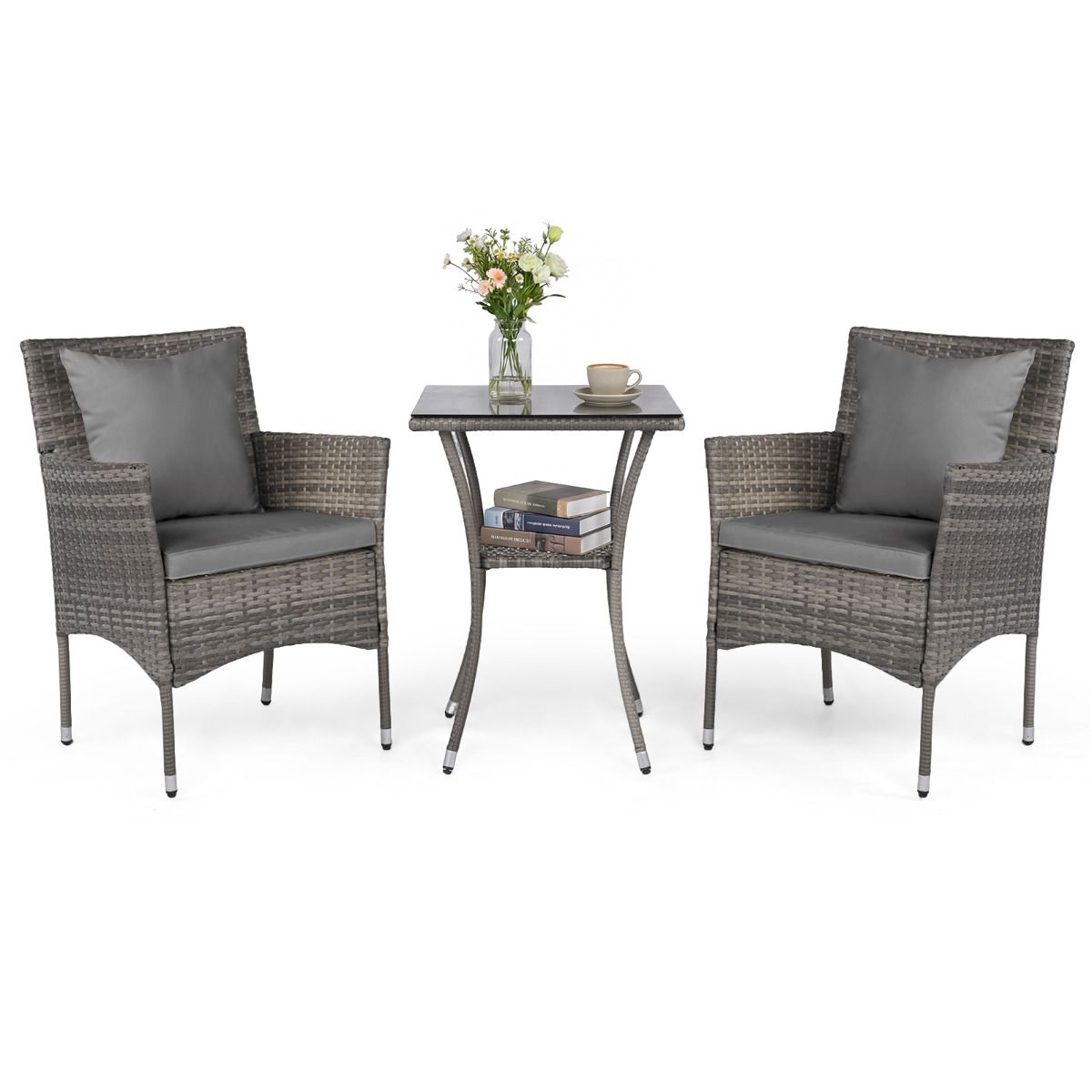 3-osaline aiamööblikomplekt, rõdukomplekt, sh 2 rotangist tooli ja kahekihiline karastatud klaasist laud, hall