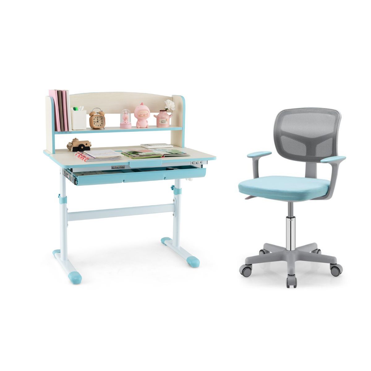 Laste kõrgusega reguleeritava laua ja arvutitooli komplekt, õppelaud, lastetool, sinine