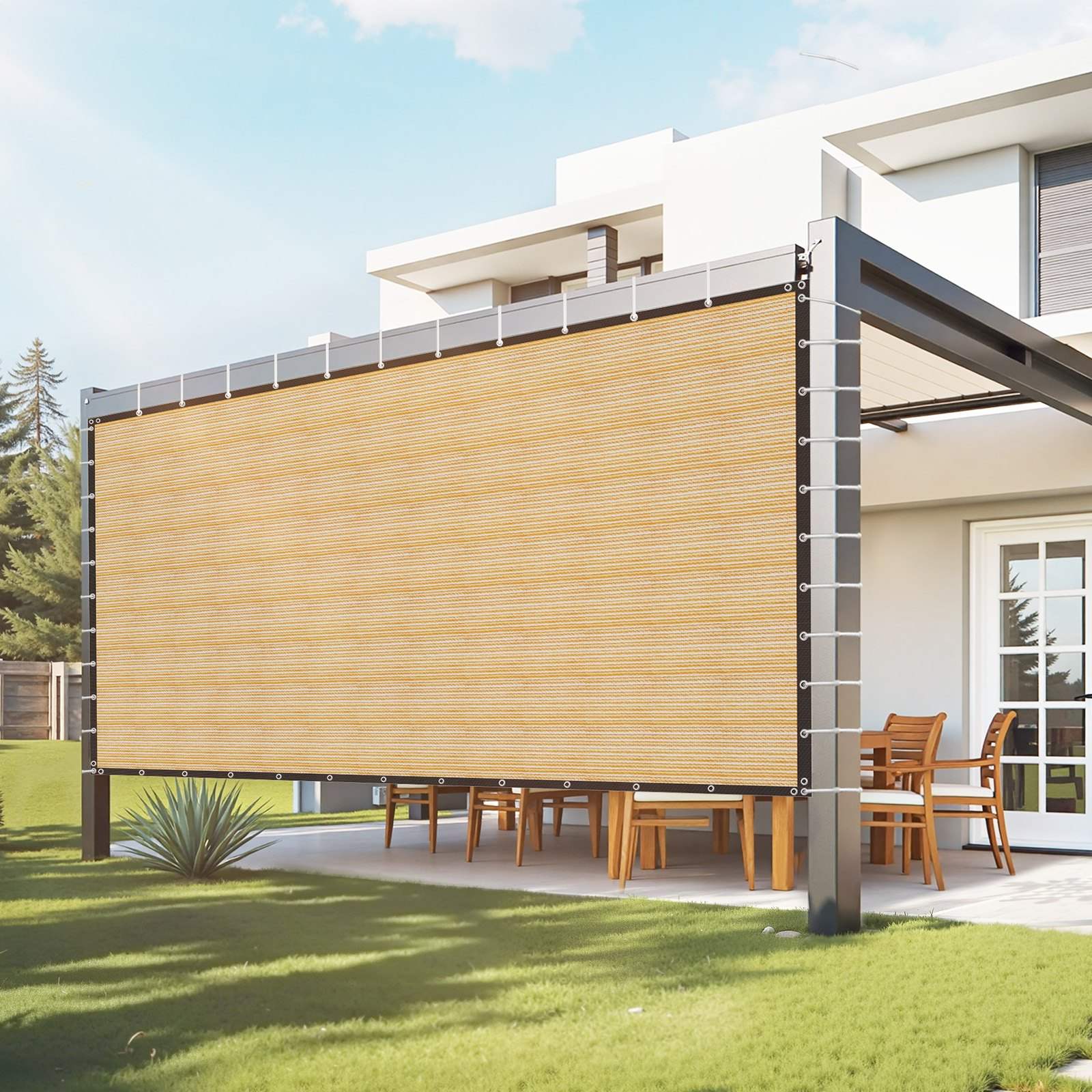 90% Päikesevarjukangas, 12 x 20 jalga pergola varjukate roostevabast terasest rõngastega, päikesevarjuga privaatsusekraan 160 GSM HDPE materjalist, õue, terrassile, aeda ja tagaaeda (beež)