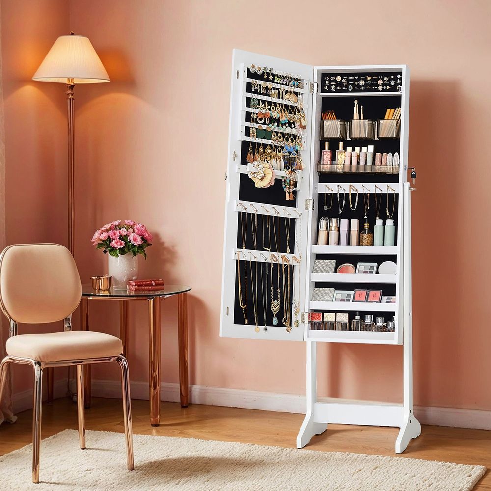 Ehete kapp, peegelkapid seisvad, 2 eraldi meigi korraldajaga, raamita täispikkuses peegel, lukustatav, kaelakeedele, kõrvarõngastele, meigile, valge JJC002W01