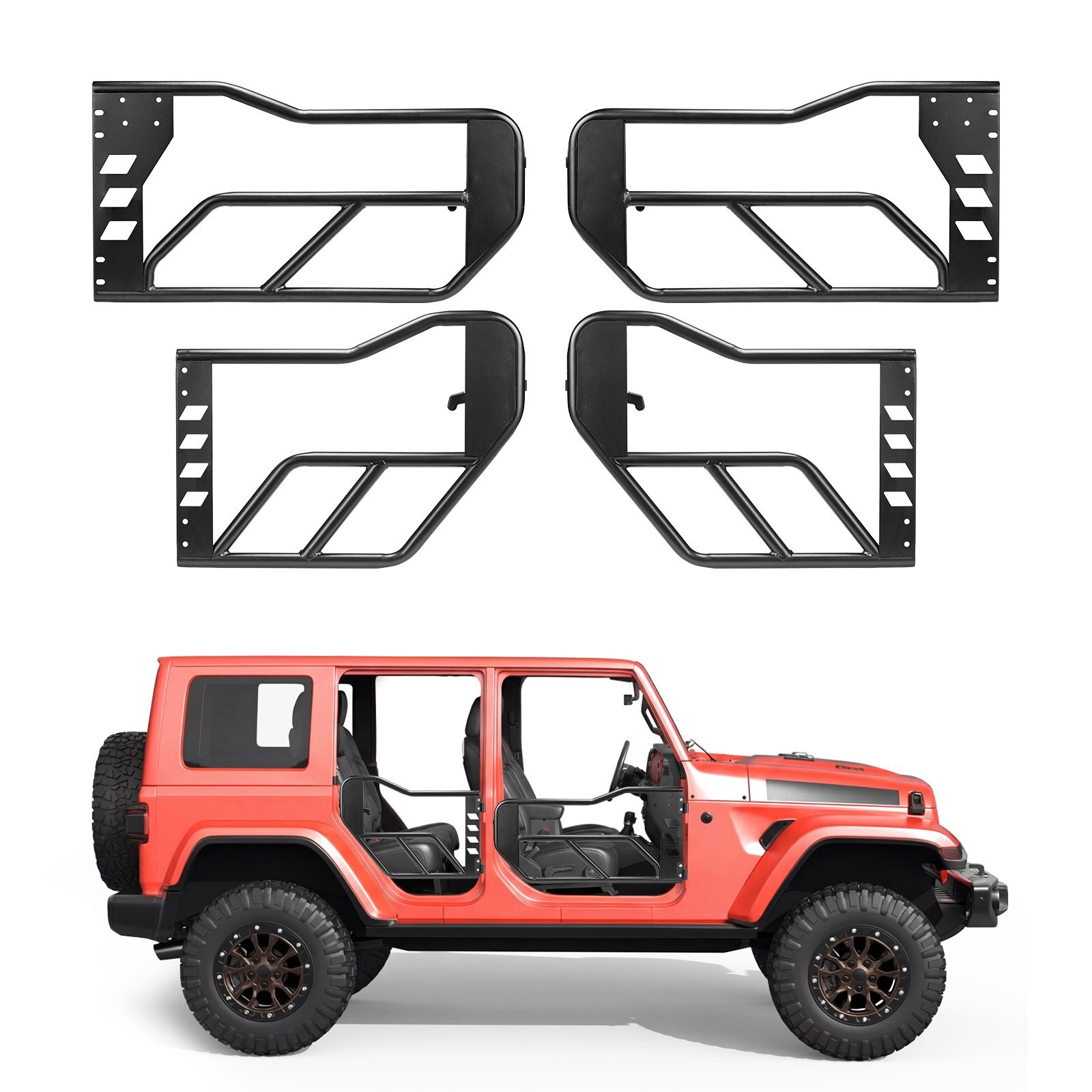 Jeepi toruuksed, 4-ukselised, ühilduvad 2007-2018 Jeep Wrangler JK Unlimited mudelitega, legeerterasest maastikusõiduki esi- ja tagatoruuksed hoiukotiga, kummipatjade, vastupidavate hingede ja originaalriiviga.