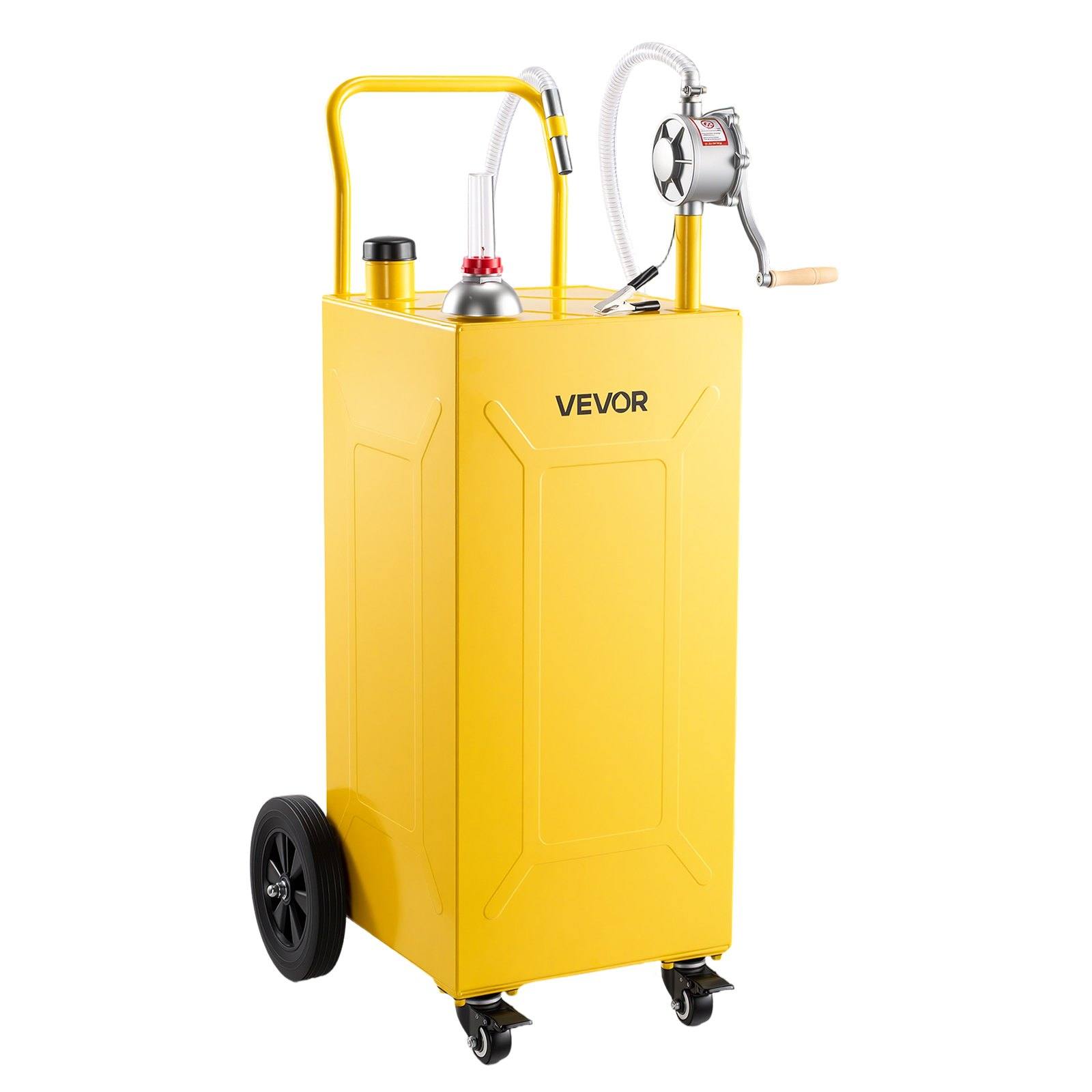 Liikuv süsinikterasest kütusemahuti käsipumba ja 4 rattaga, 132,5 l, bensiini ja diisli hoiustamiseks ning ümberpumpamiseks, autole, muruniidukile, ATV-le, paadile ja mootorrattale, kollane