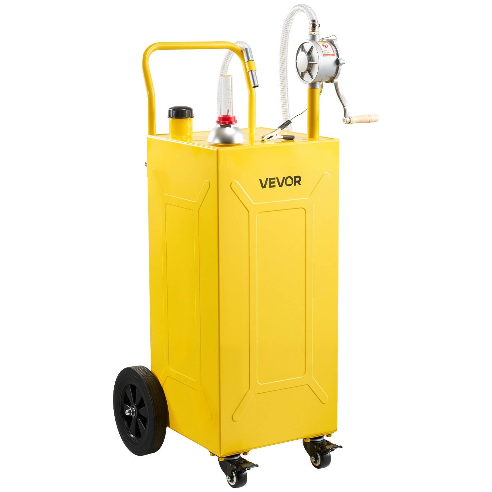 Liikuv süsinikterasest kütusemahuti käsipumba ja 4 rattaga, 113,6 l, bensiini ja diisli hoiustamiseks ning ümberpumpamiseks, autole, muruniidukile, ATV-le, paadile ja mootorrattale, kollane