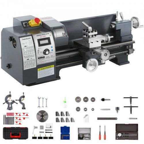 Uuendatud 750W mini-metalli treipink 8x16-tolline metalli treipink luksusliku lisatarvikute karbiga, 50-2500PRM lõpmatult muudetava kiirusega MT3 spindliga kooniline metalli treipink liikuva lambiga 4-lõuaga padruniga 9 lõikuriga