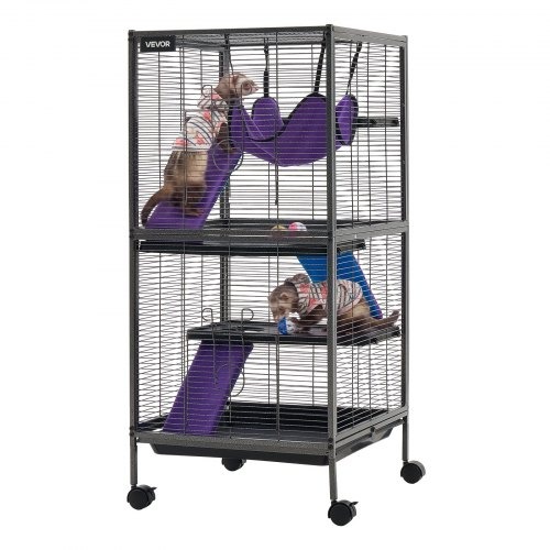 Metal Small Animal Cage 113 cm 4-Tier Rolling Ferret Cage On Wheels, 13.97 mm Wire Spacing Large Cages with Hammock, Ramps, Tray & Doors for Ferret, Chinchilla, Sugar Glider, Guinea Pig, Rabbit