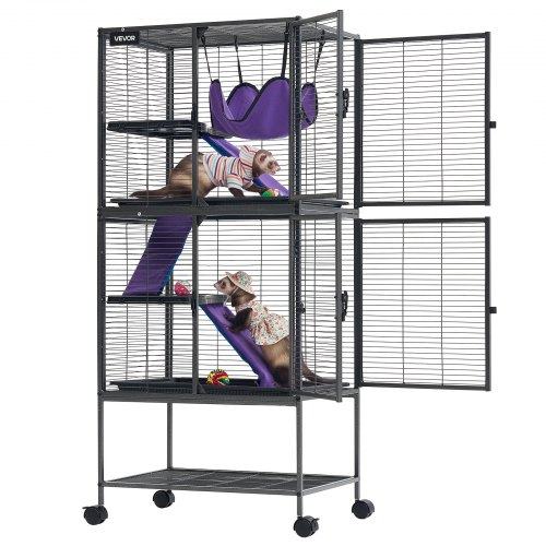 Metal Small Animal Cage 138 cm 4-Tier Rolling Ferret Cage On Wheels, 13.97 mm Wire Spacing Large Cages with Hammock, Ramps, Tray & Doors for Ferret, Chinchilla, Sugar Glider, Guinea Pig, Rabbit