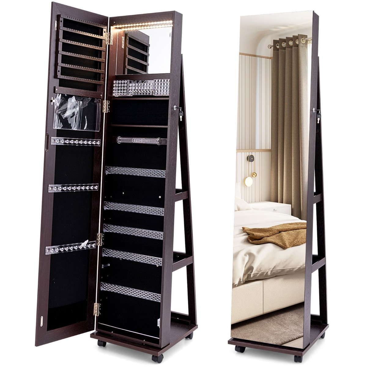 Lukustatav ehtekapp integreeritud meigipeegli, reguleeritavate riiulite ja hoiuruumiga, tumepruun