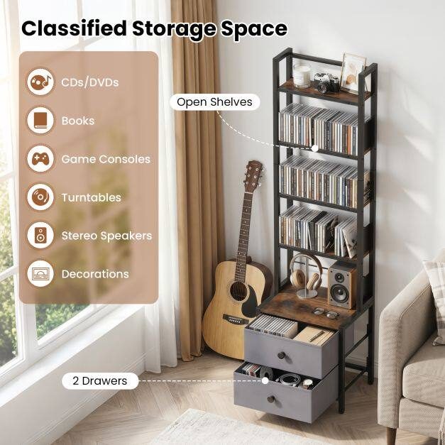 5-astmeline CD-riiul sahtlite ja reguleeritavate raamatupeatajatega Media-Brownile