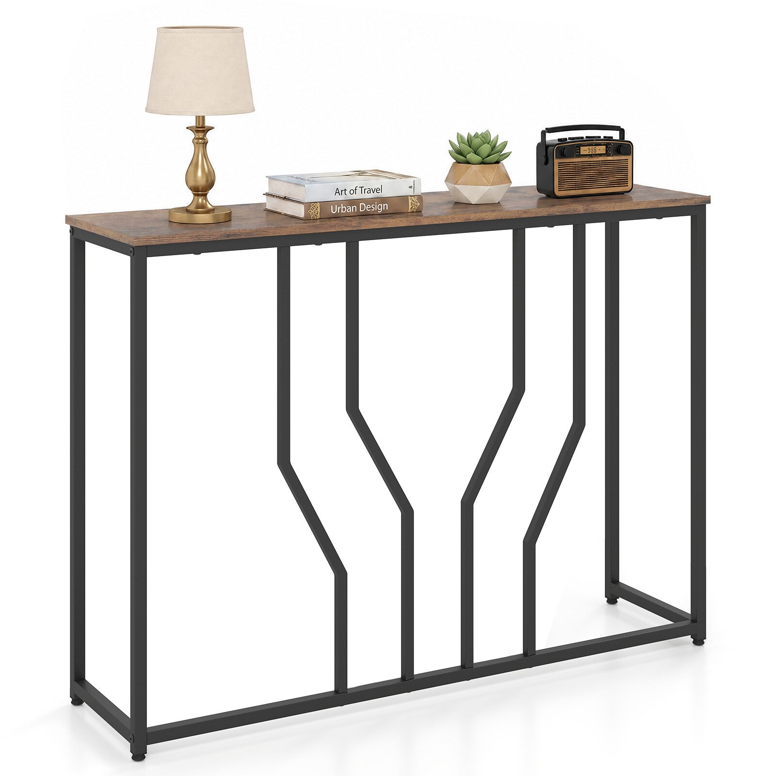 Kitsas metallist konsoollaud ümberminekuvastaste seadmetega, 110 x 30 x 80 cm, maalähedane pruun