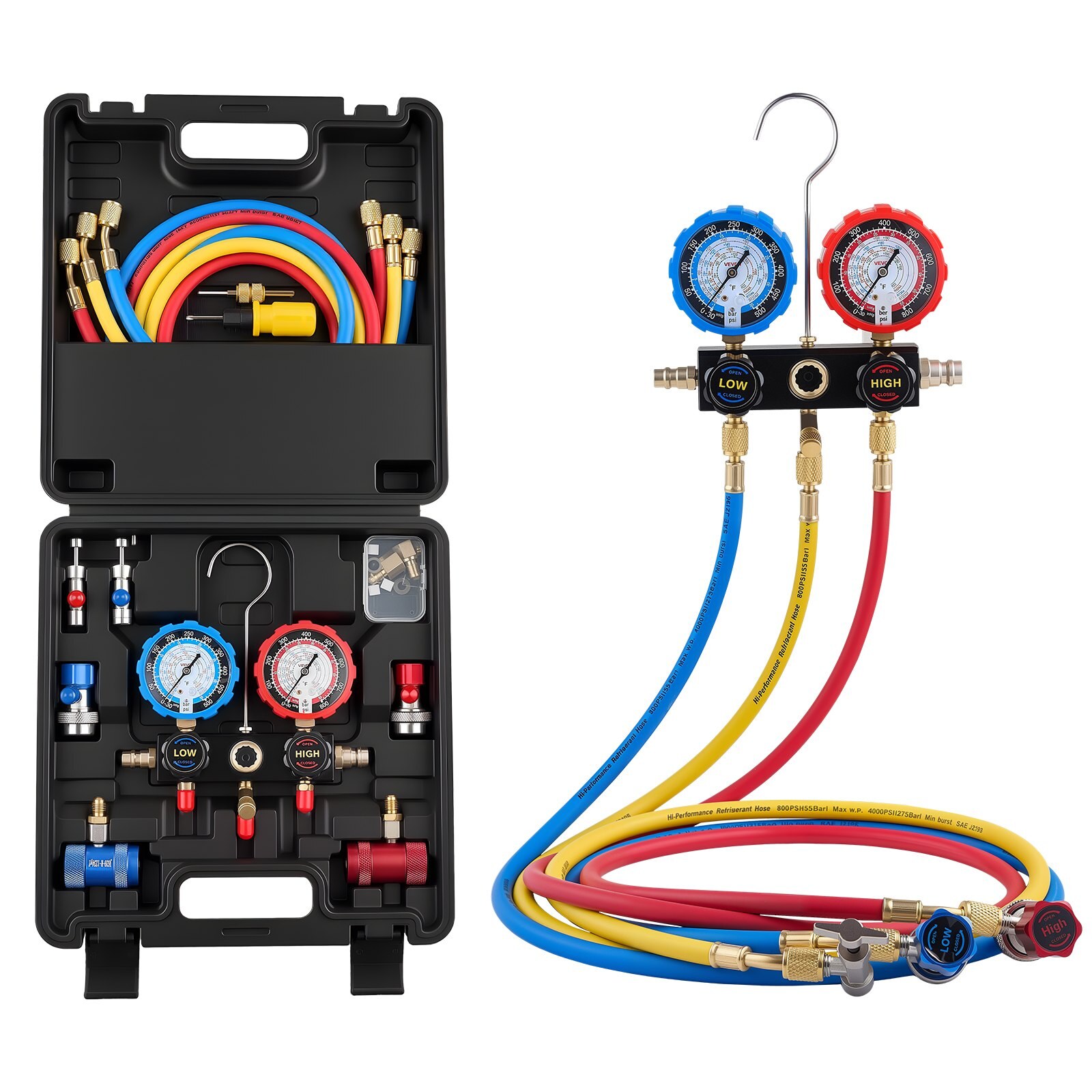 Kliimaseadme kollektori näidikute komplekt R134a, R404A, R1234yf, R22 külmaaine jaoks, 3-suunaline kliimaseadme näidik 1,5 m voolikutega, adapterid, kiirühendused, kraanid auto kliimaseadmete hoolduseks, laadimiseks ja tühjendamiseks