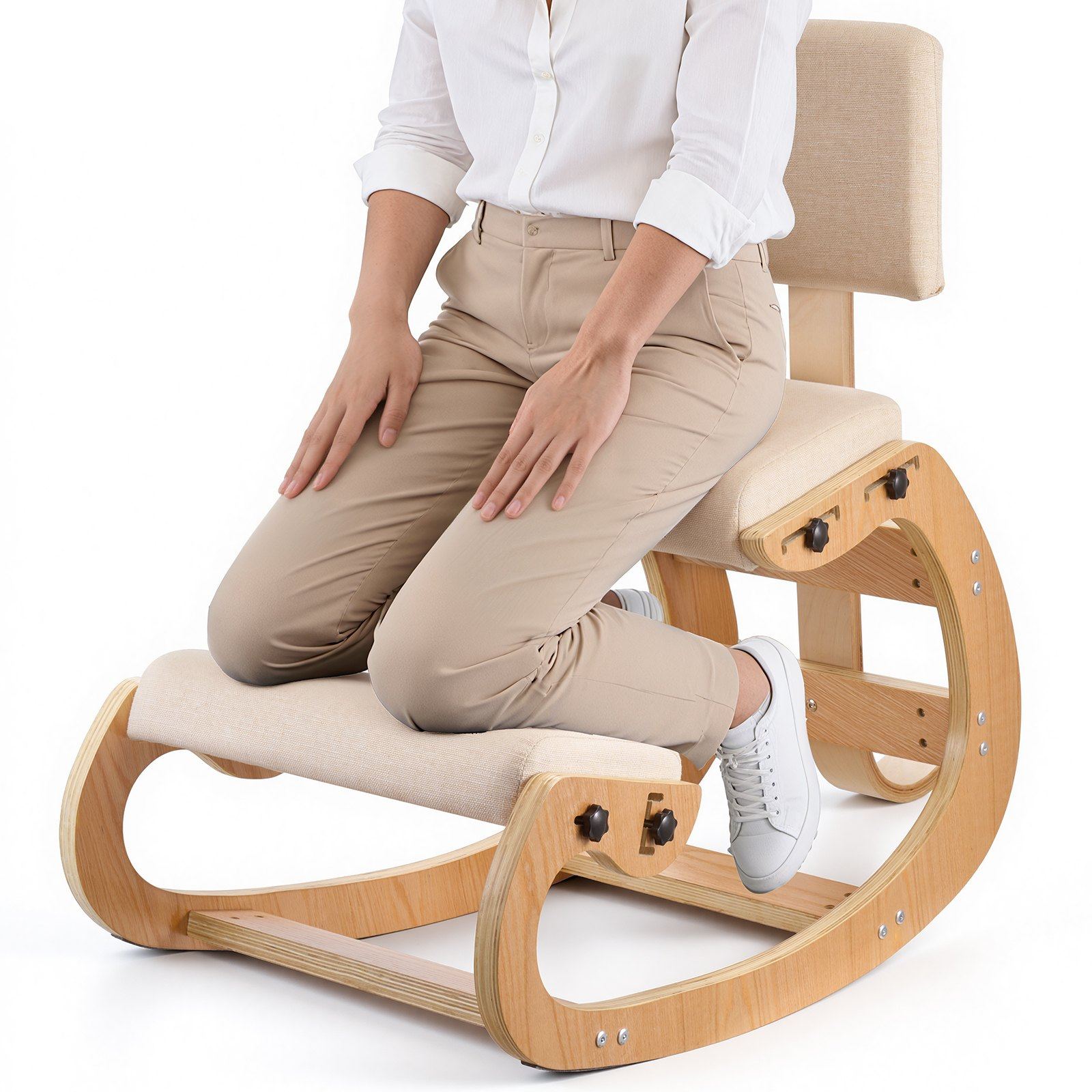 Ergonoomiline põlvitustool, puidust rühiga põlvetool reguleeritavate paksude vahtpatjadega