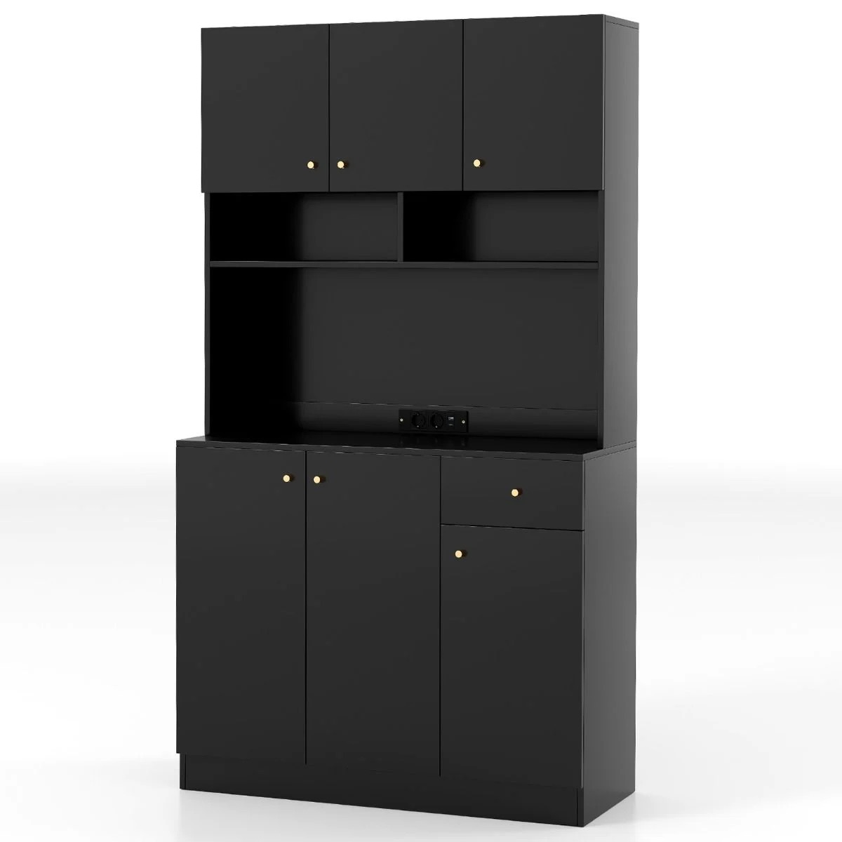 Puidust köögikapp pistikupesade, USB-portide ja C-tüüpi USB-portidega, buffet-kapp, kõrge kapp, must