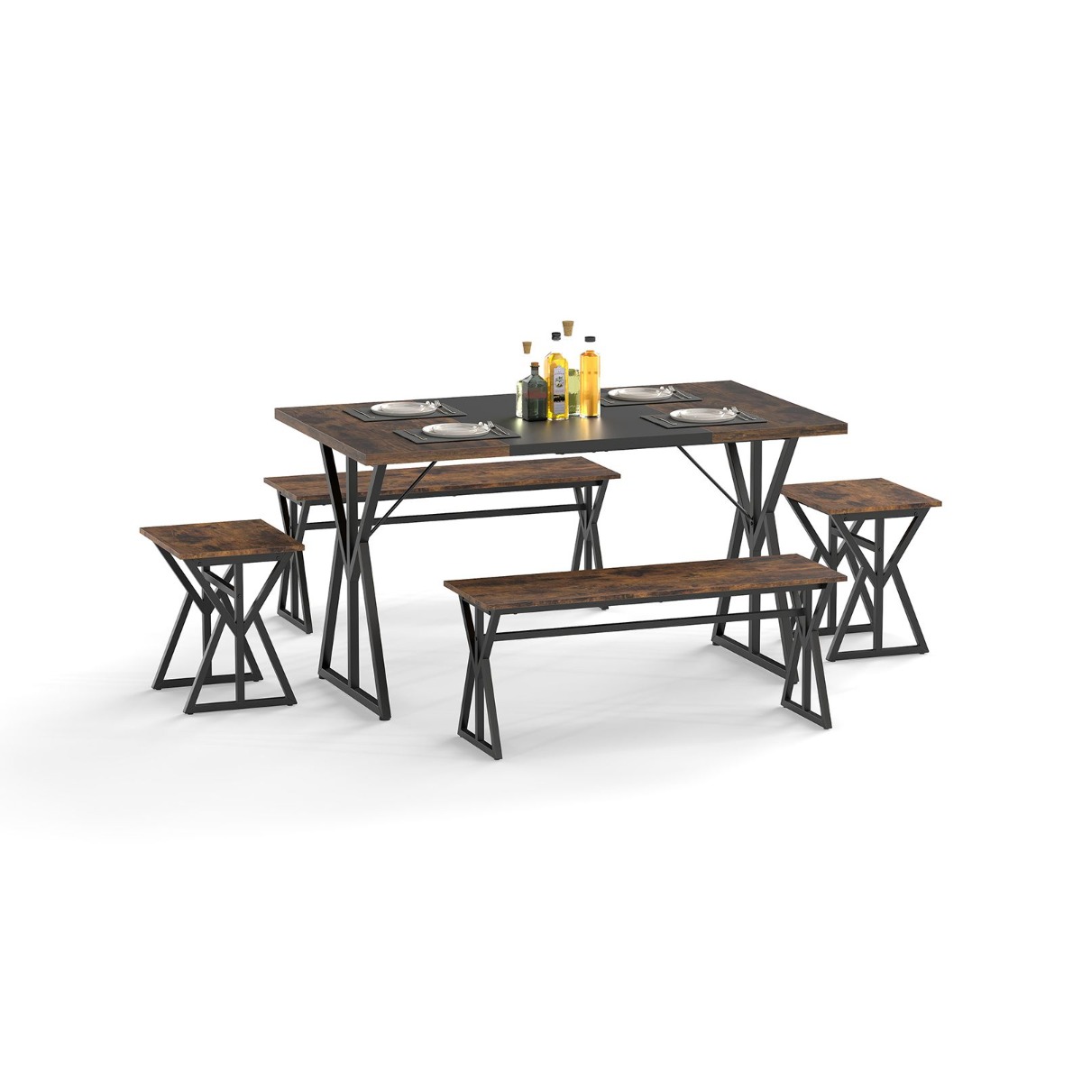 5-osaline söögitoa komplekt 4-6 inimesele, industriaalne ristkülikukujuline köögilaud 2 pingiga, vintage pruun