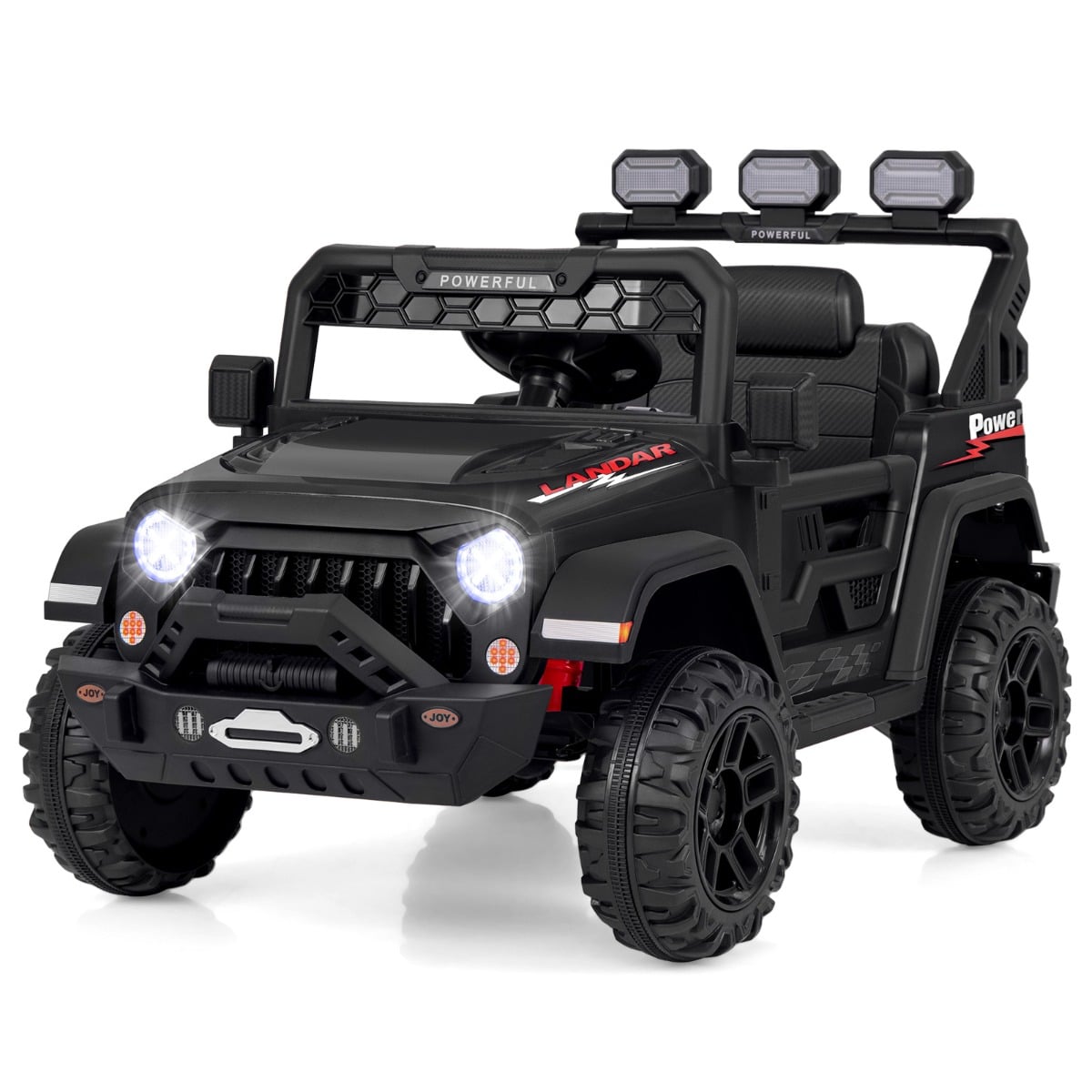 Kaugjuhtimispuldi (2,4G), USB-liidese ja LED-tuledega 12V laste elektriauto, džiip-mänguauto, must