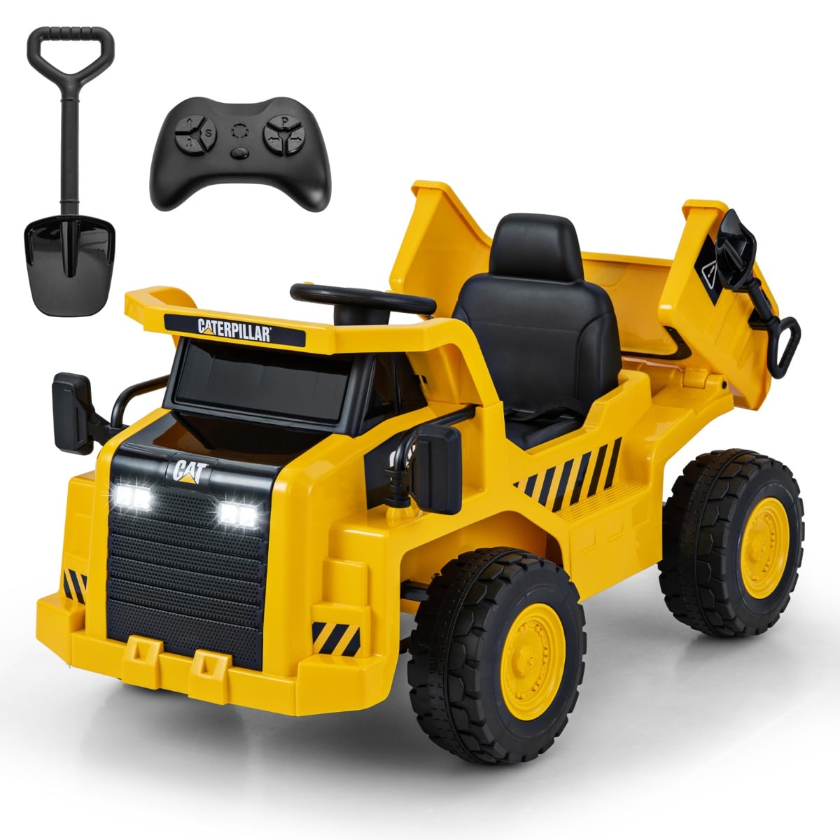 12V akutoitel pealistutav laste elektri-veoauto (Caterpillar), liivakasti kühvli, kallurhastme ja megafoniga, kollane