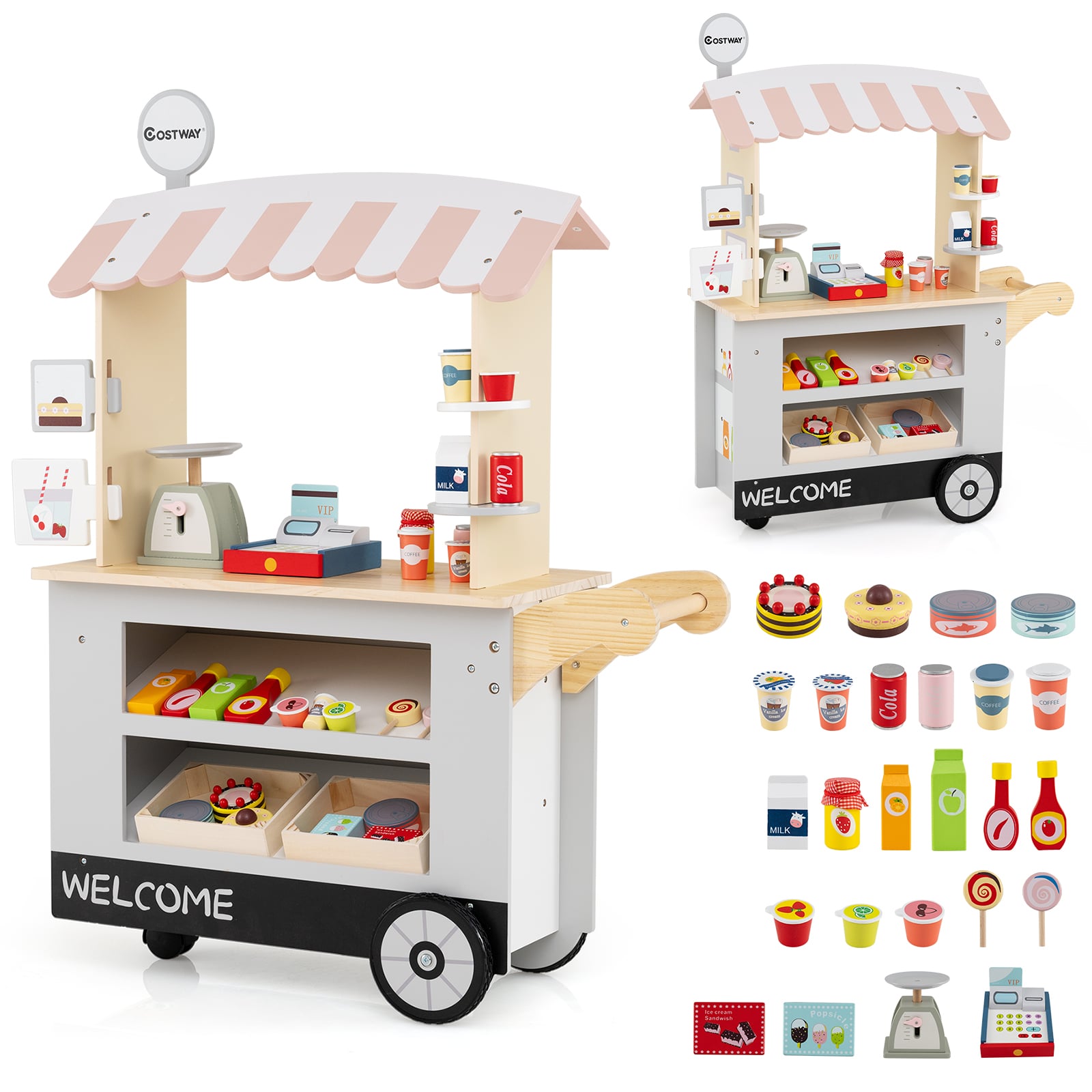 Mängukassa ja 3 stabiilse rattaga puidust laste toidukäru (Foodtruck) ning interaktiivne mängupood lastele alates 3. eluaastast, hall