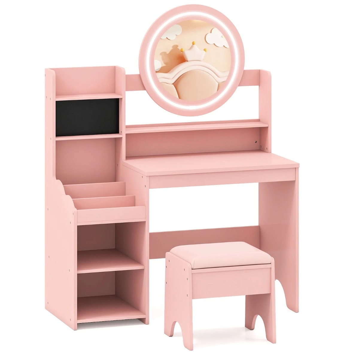 Laste tualettlaud peegli ja tulega, printsessimängulaud riiuliga, rõngaspesade ja polsterdatud taburetiga, roosa
