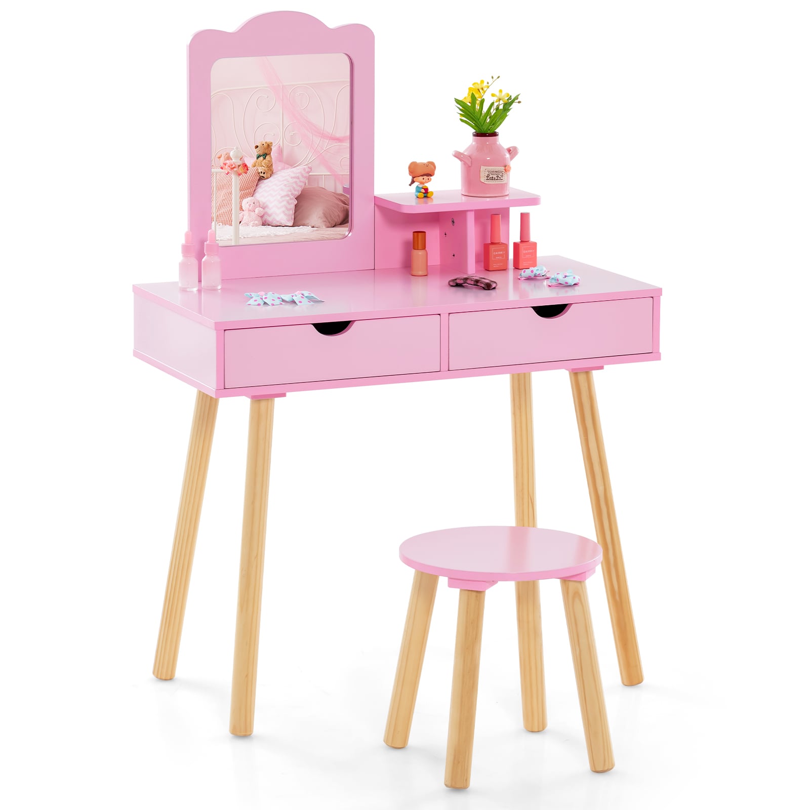Kaks-ühes eemaldatava peegliga laste kosmeetikalaud ja kirjutuslaud koos tooliga, tüdrukute meigilaud, ergas roosa (Hot Pink)