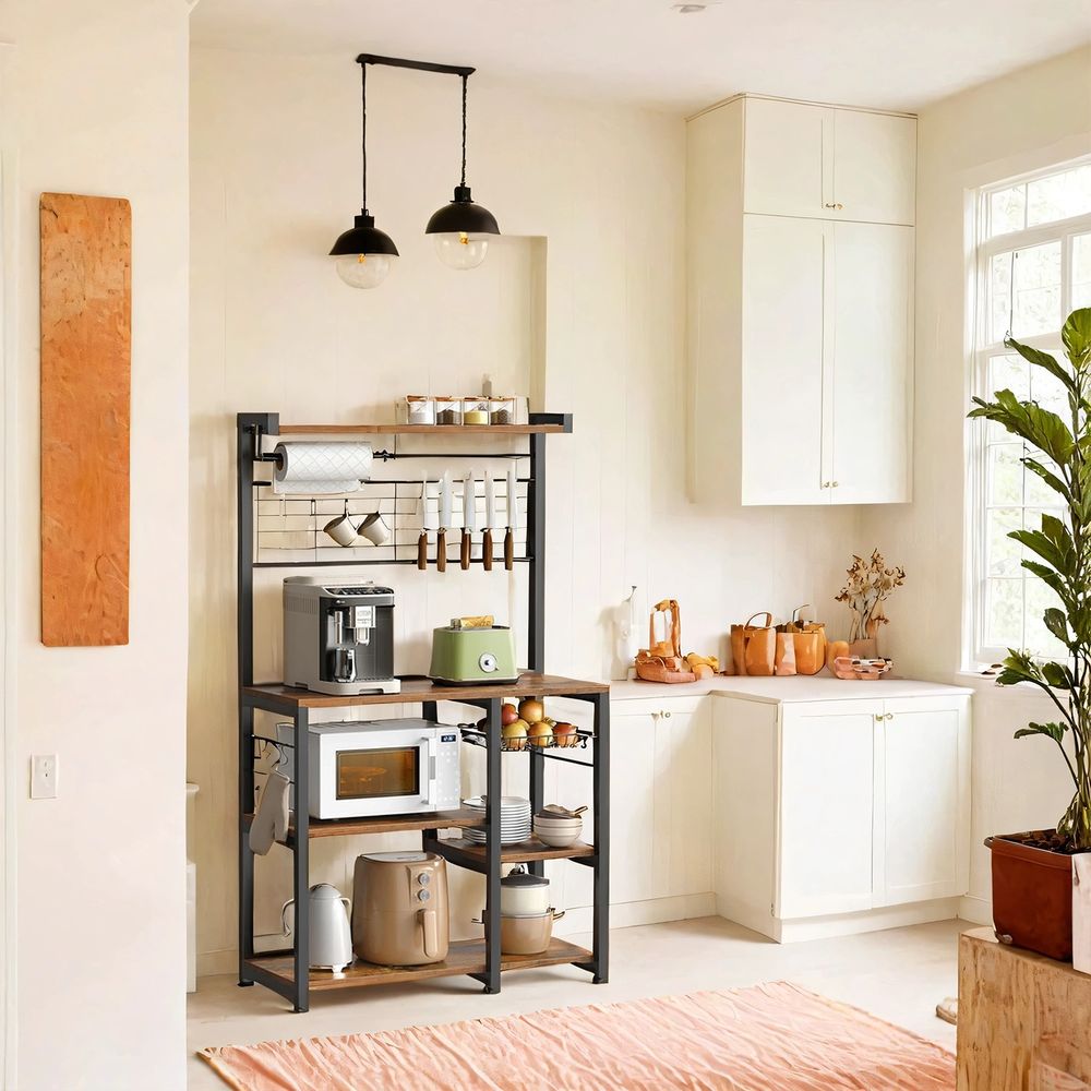 Köögiriiul, eraldiseisev riiul, riiul, köögitasapind, köögisaar magnetilise noaribaga, traatkorv, köögipaberi hoidik, 12 konksu, vintage-pruun-must