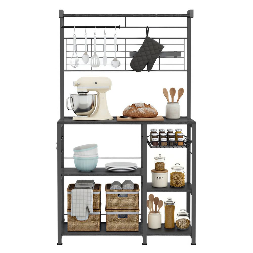 Köögiriiul, eraldiseisev riiul, riiul, köögitasapind, köögisaar magnetilise noaribaga, traatkorv, köögipaberi hoidik, 12 konksu, vintage-pruun-must