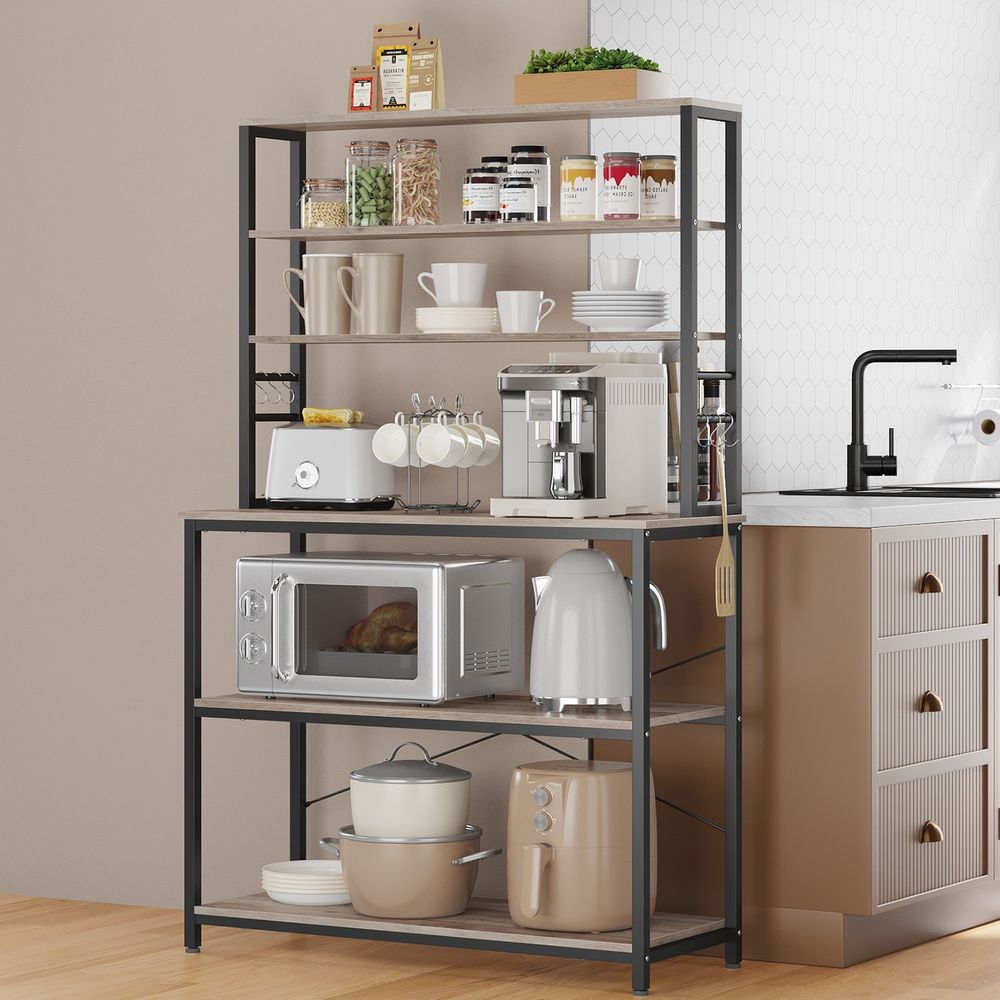 Köögiriiul, põrandariiul riiulitega, 6 konksu ja metallraamiga, 80 x 40 x 167 cm, greige-must