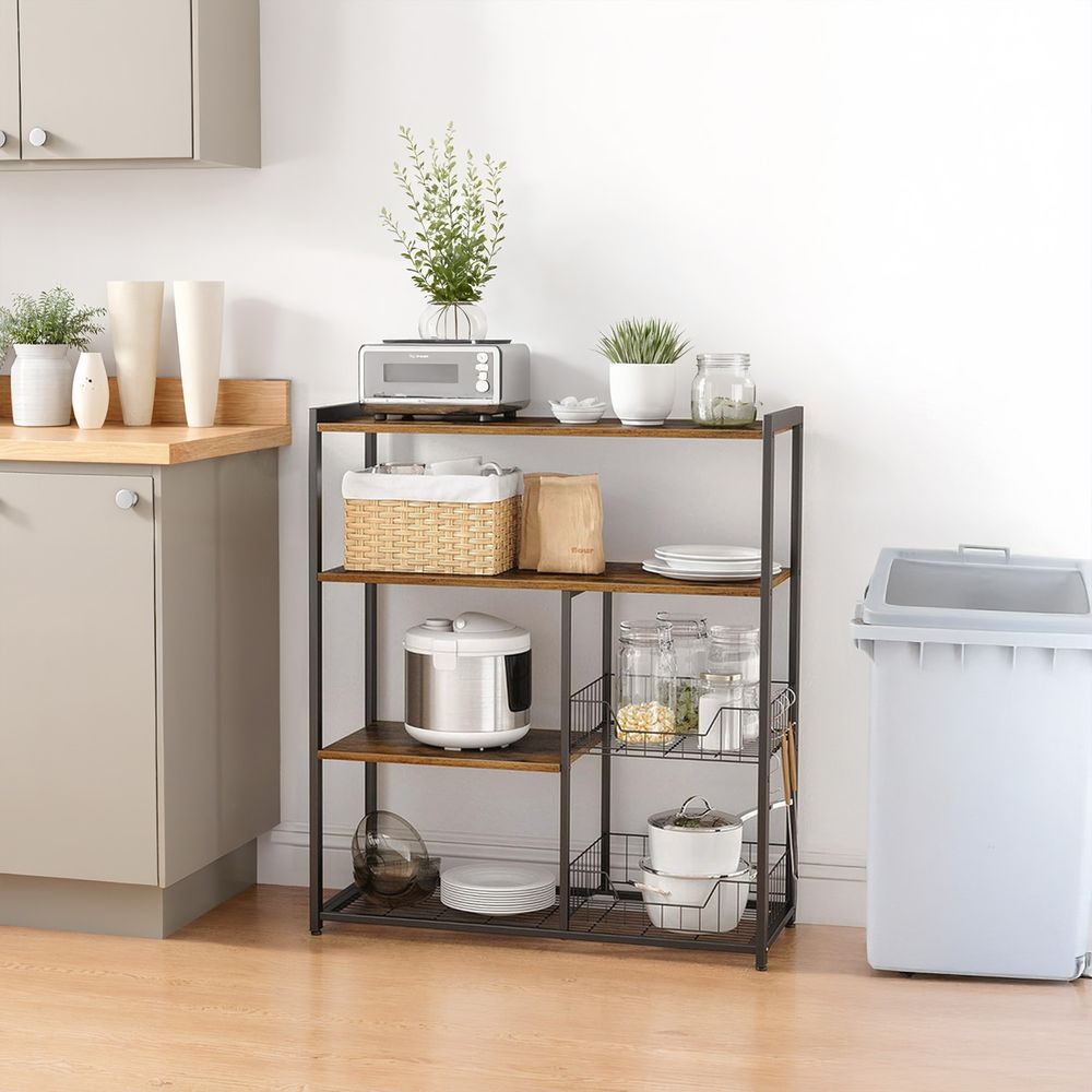 Köögiriiul, põrandariiul 2 metallkorviga, pagaririiul konksude ja riiuliplaatidega, mikrolaineahju riiul, 80 x 35 x 95 cm, tööstusdisain, vintage, tumepruun KKS96X