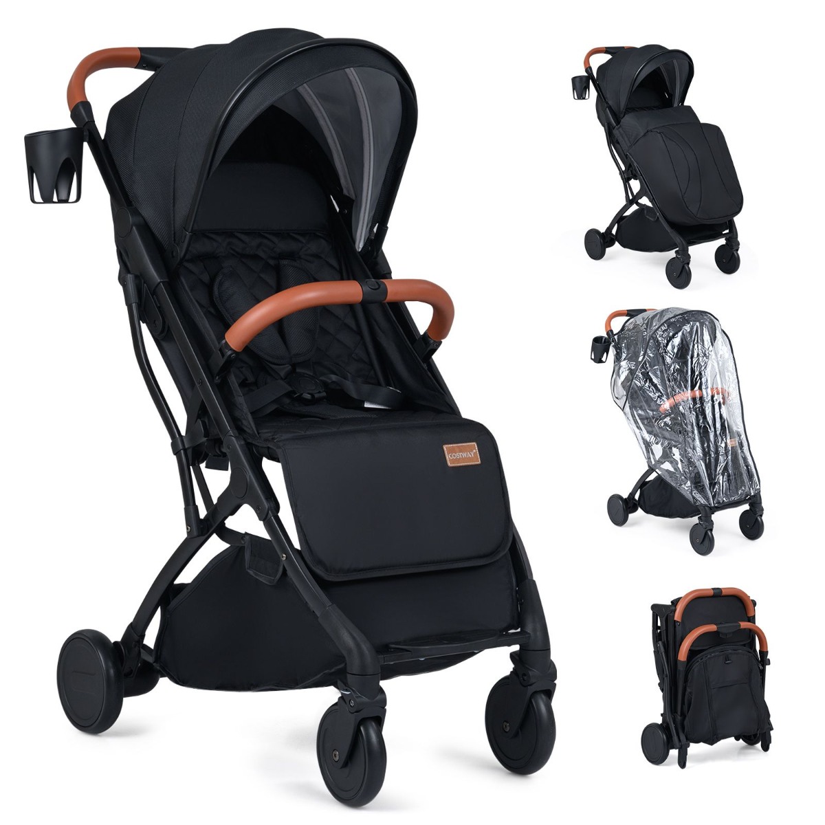 Kokkupandav jalutuskäru vihmakatte, reguleeritava seljatoe ja varikatusega, reisikäru, must