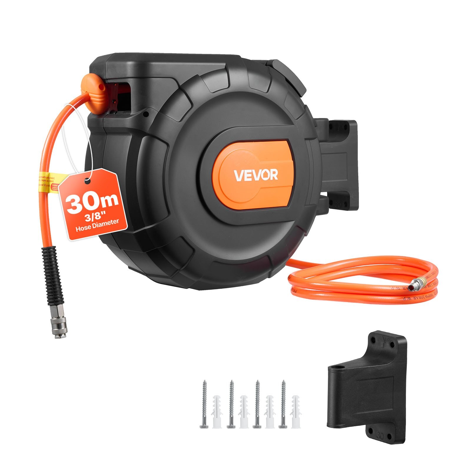 Sissetõmmatav õhuvoolikurull, 30 m x 9,5 mm PVC õhuvoolik, max 300 PSI, suletud õhukompressori voolikurull, automaatne tagasikerimine 2 m juhtmega, 180° pööratav seinakinnitus garaažidele ja töökodadele.